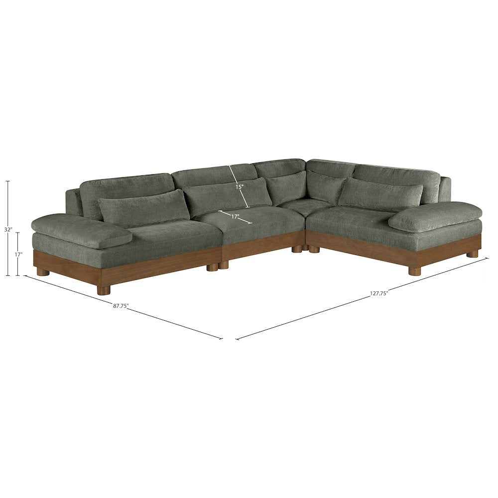 Turin 127.75" Green Chenille Fabric Upholstered 4pc. Modular Sectional