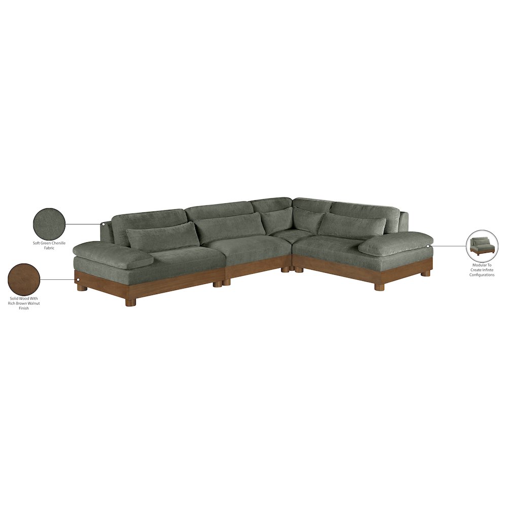 Turin 127.75" Green Chenille Fabric Upholstered 4pc. Modular Sectional