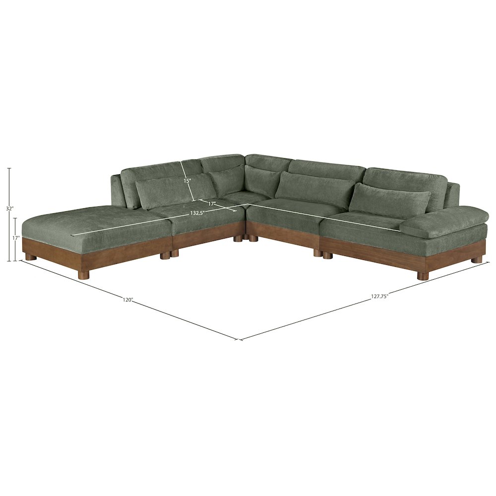 Turin 127.75" Green Chenille Fabric Upholstered 5pc. Modular Sectional
