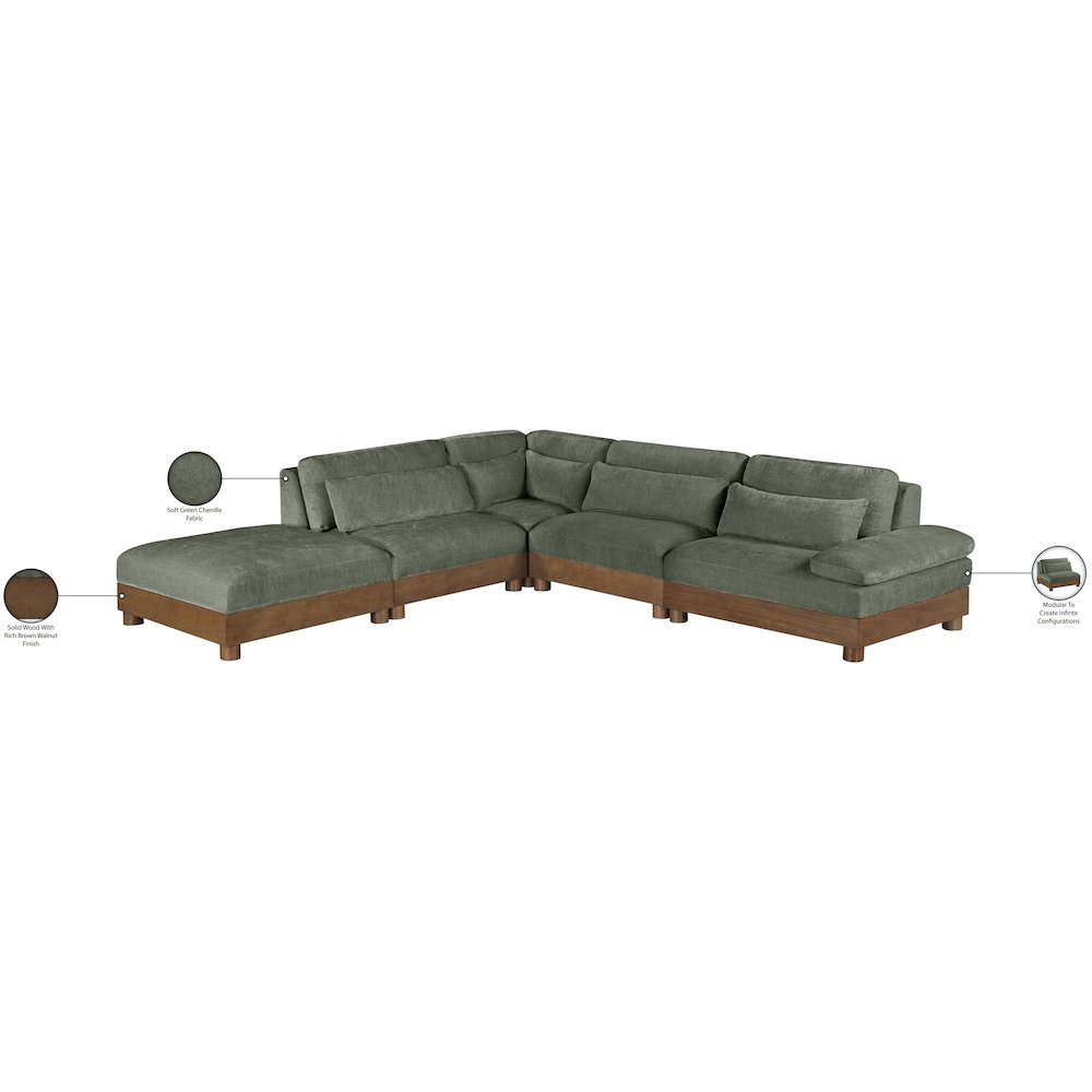 Turin 127.75" Green Chenille Fabric Upholstered 5pc. Modular Sectional