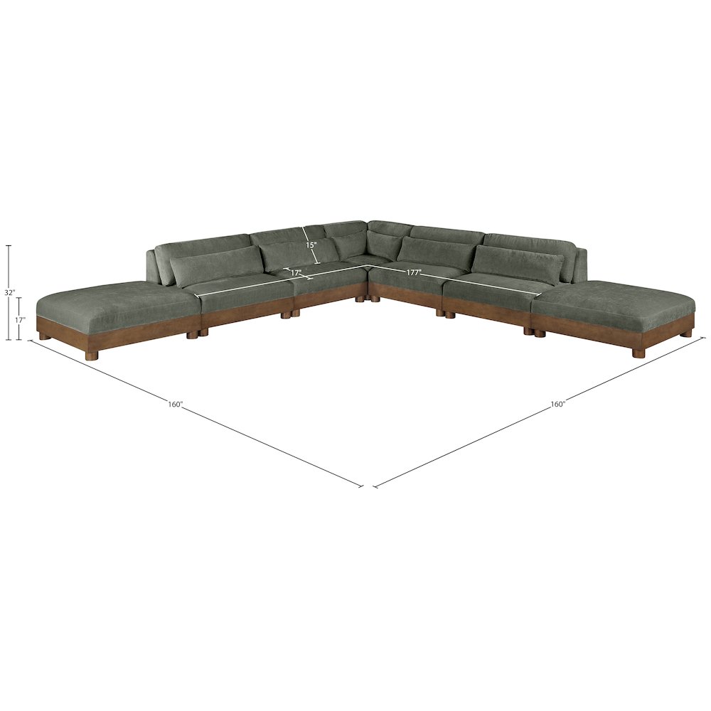 Turin 160" Green Chenille Fabric Upholstered 7pc. Modular Sectional