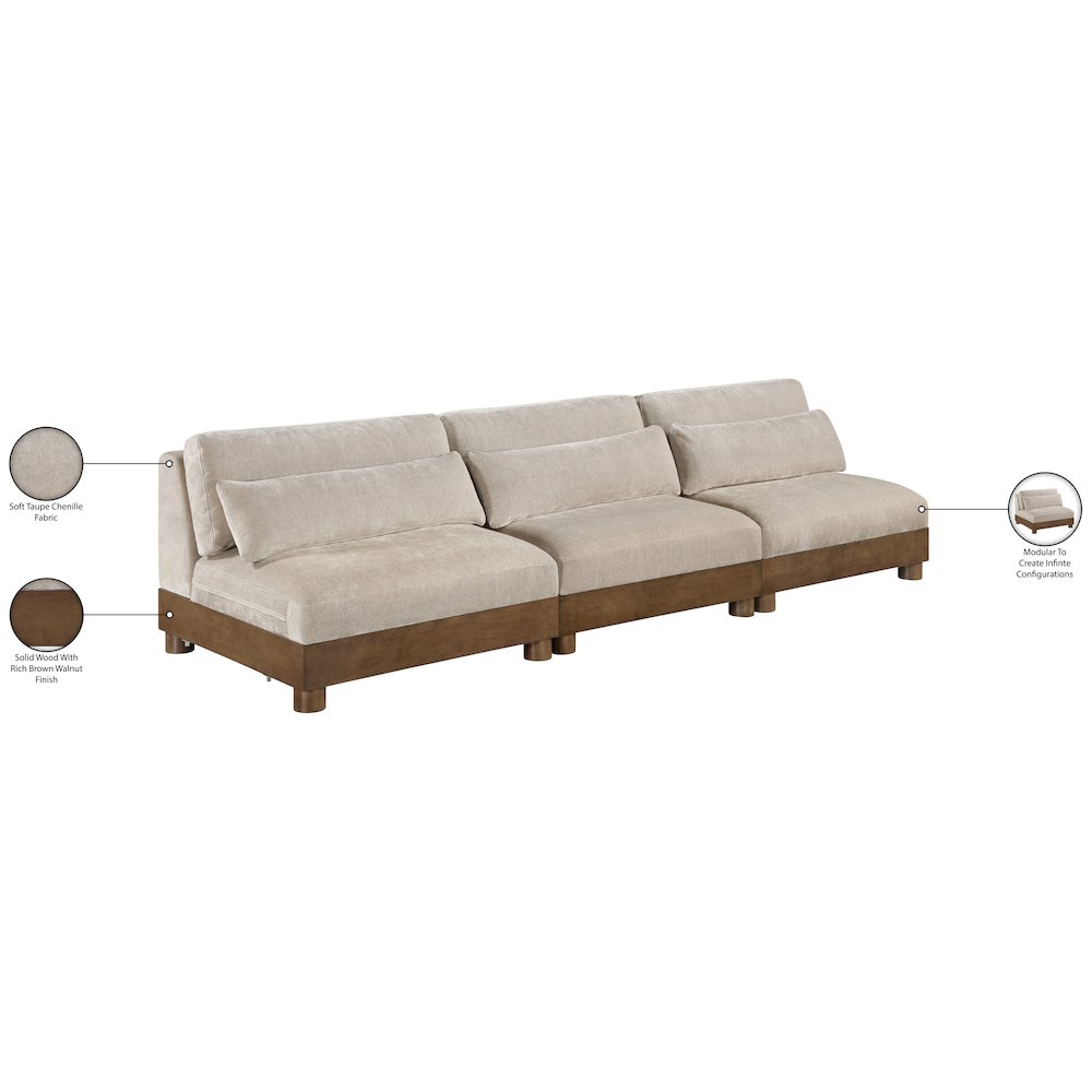 Turin 120" Taupe Chenille Fabric Upholstered 3pc. Modular Sofa