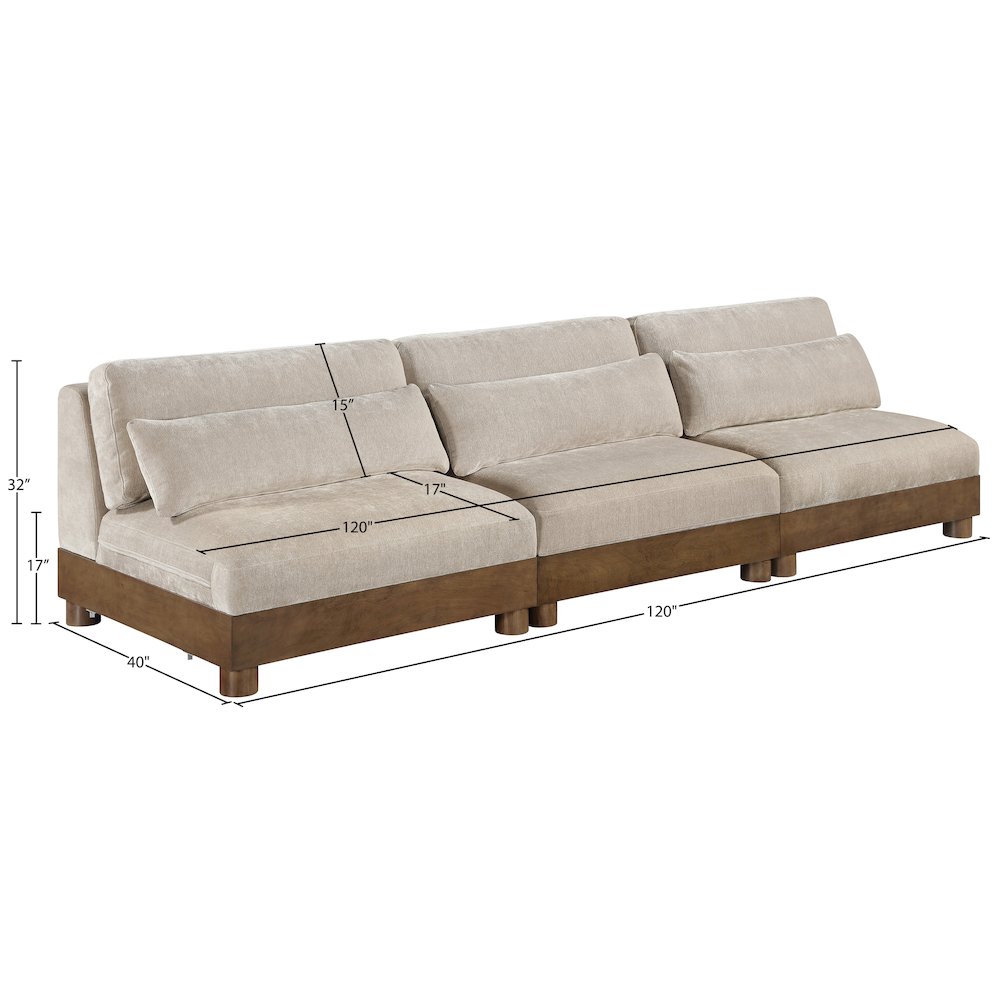 Turin 120" Taupe Chenille Fabric Upholstered 3pc. Modular Sofa