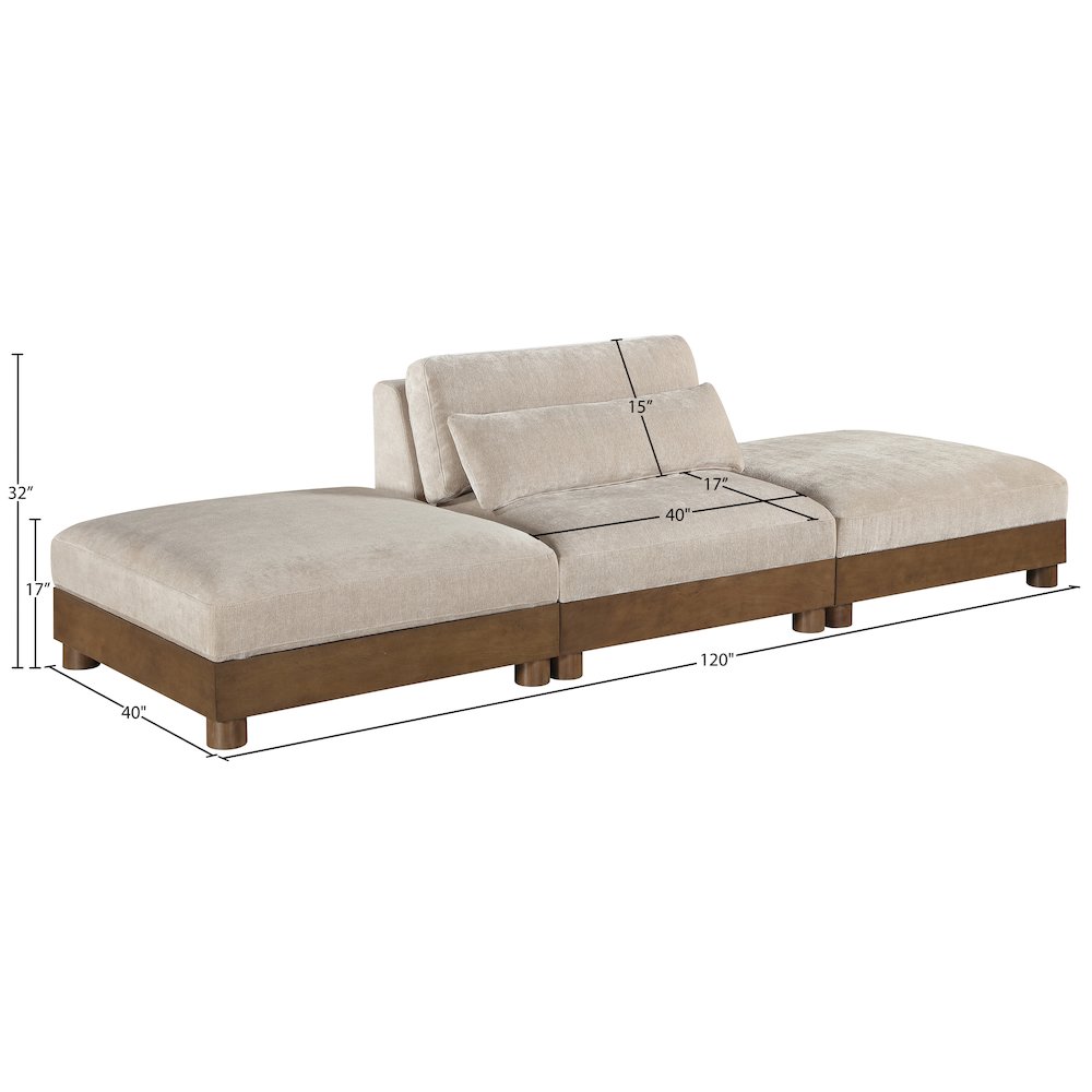 Turin 120" Taupe Chenille Fabric Upholstered 3pc. Modular Sofa