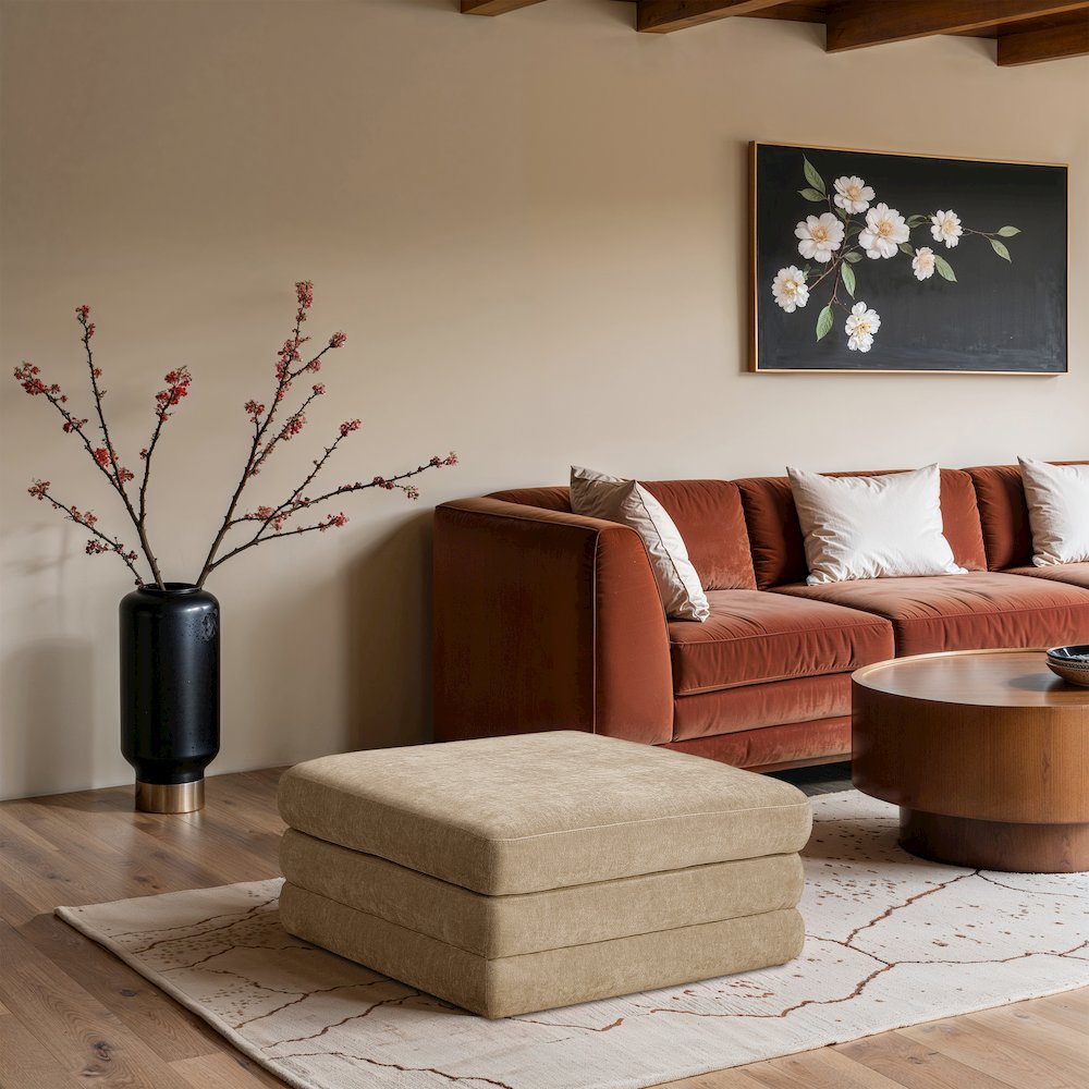 Stellar Beige Chenille Fabric Upholstered Modular Modular Ottoman