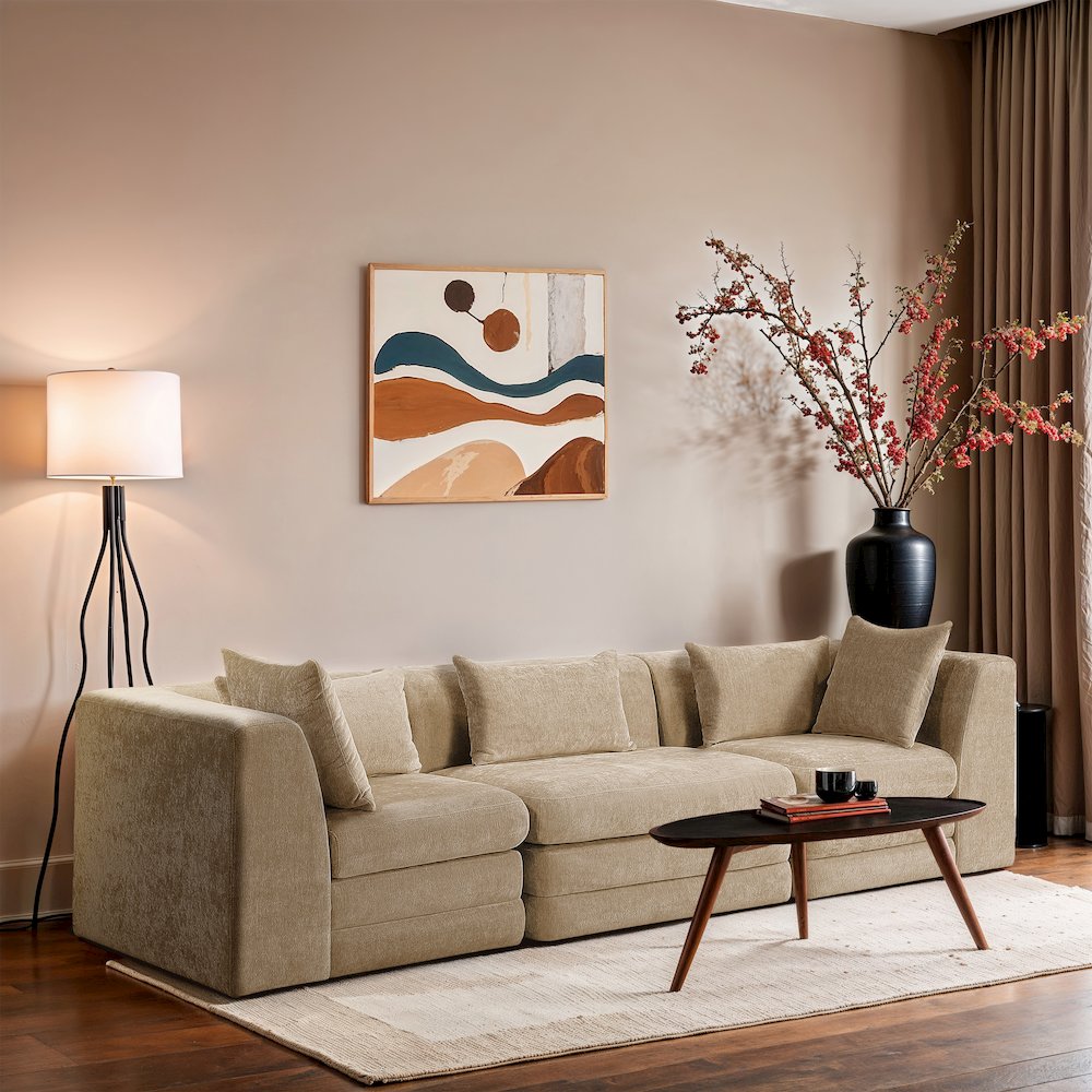 Stellar 114" Beige Chenille Fabric Upholstered 3pc. Modular Sofa