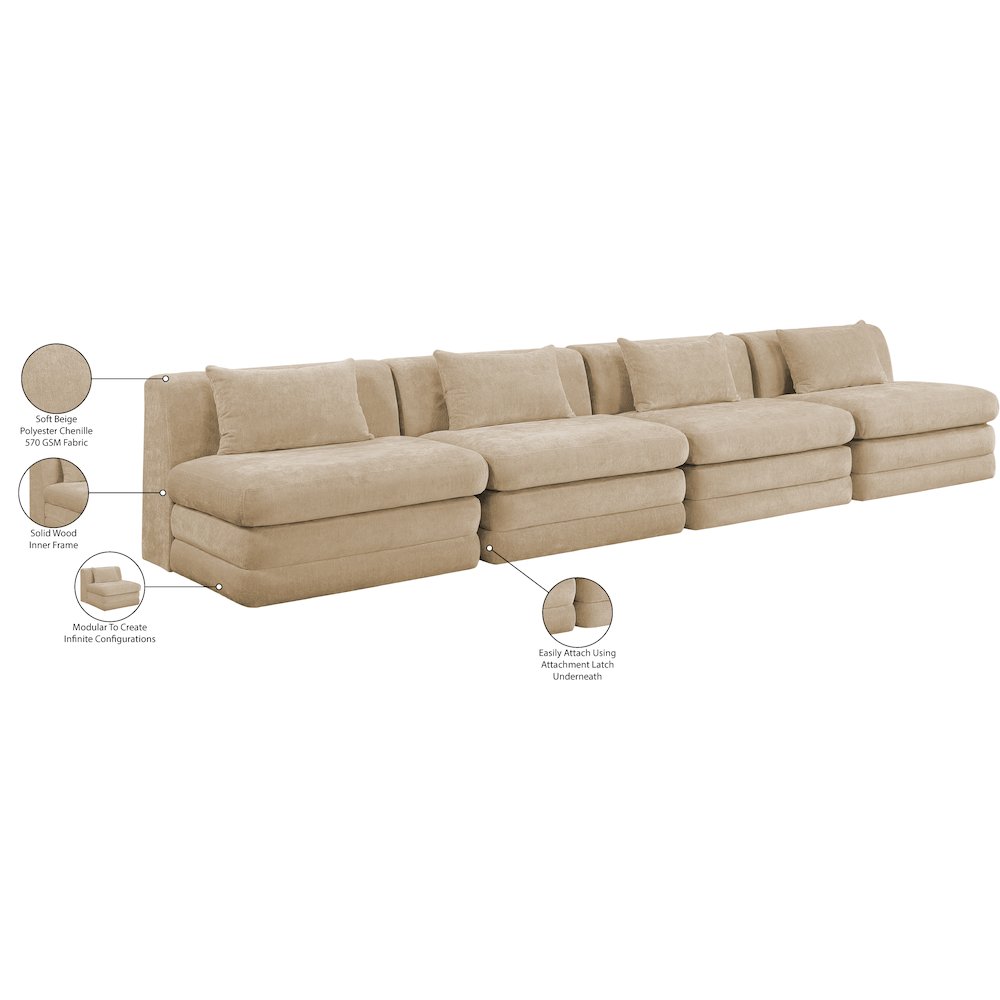Stellar 152" Beige Chenille Fabric Upholstered 4pc. Modular Sofa