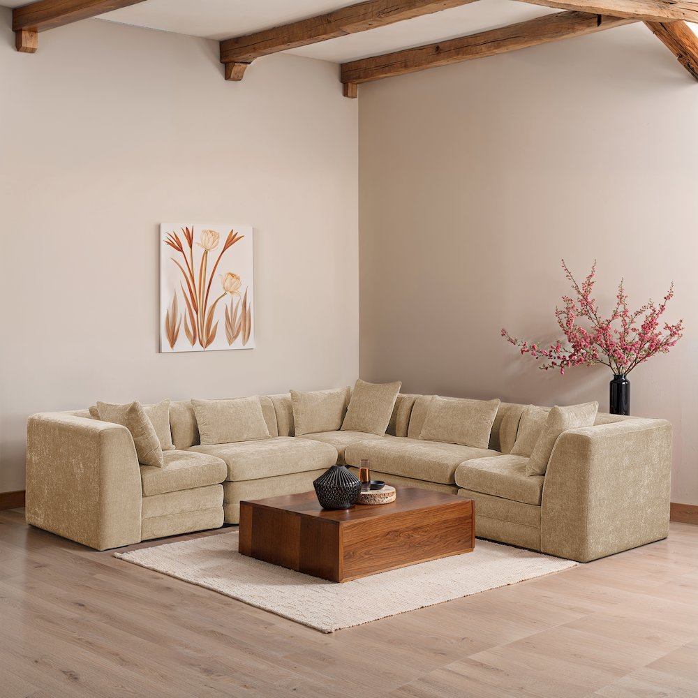 Stellar 114" Beige Chenille Fabric Upholstered 5Pc. Modular Sectional