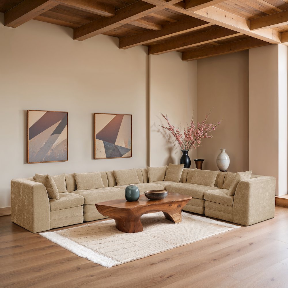 Stellar 152" Beige Chenille Fabric Upholstered 6Pc. Modular Sectional