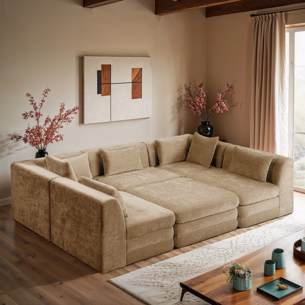 Stellar 114" Beige Chenille Fabric Upholstered 6Pc. Modular Sectional