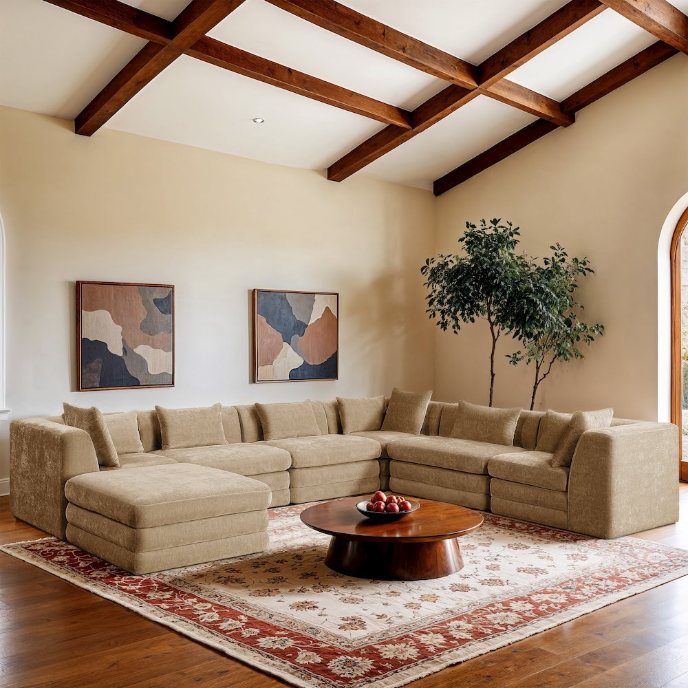 Stellar 152" Beige Chenille Fabric Upholstered 7Pc. Modular Sectional