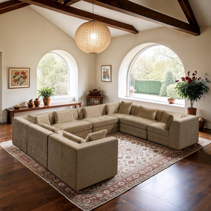 Stellar 152" Beige Chenille Fabric Upholstered 8Pc. Modular Sectional