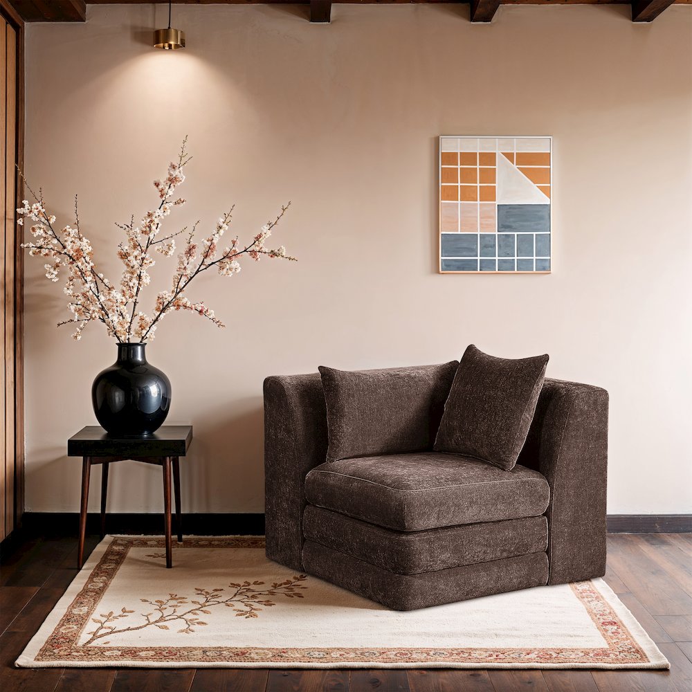 Stellar Brown Chenille Fabric Upholstered Modular Corner Chair