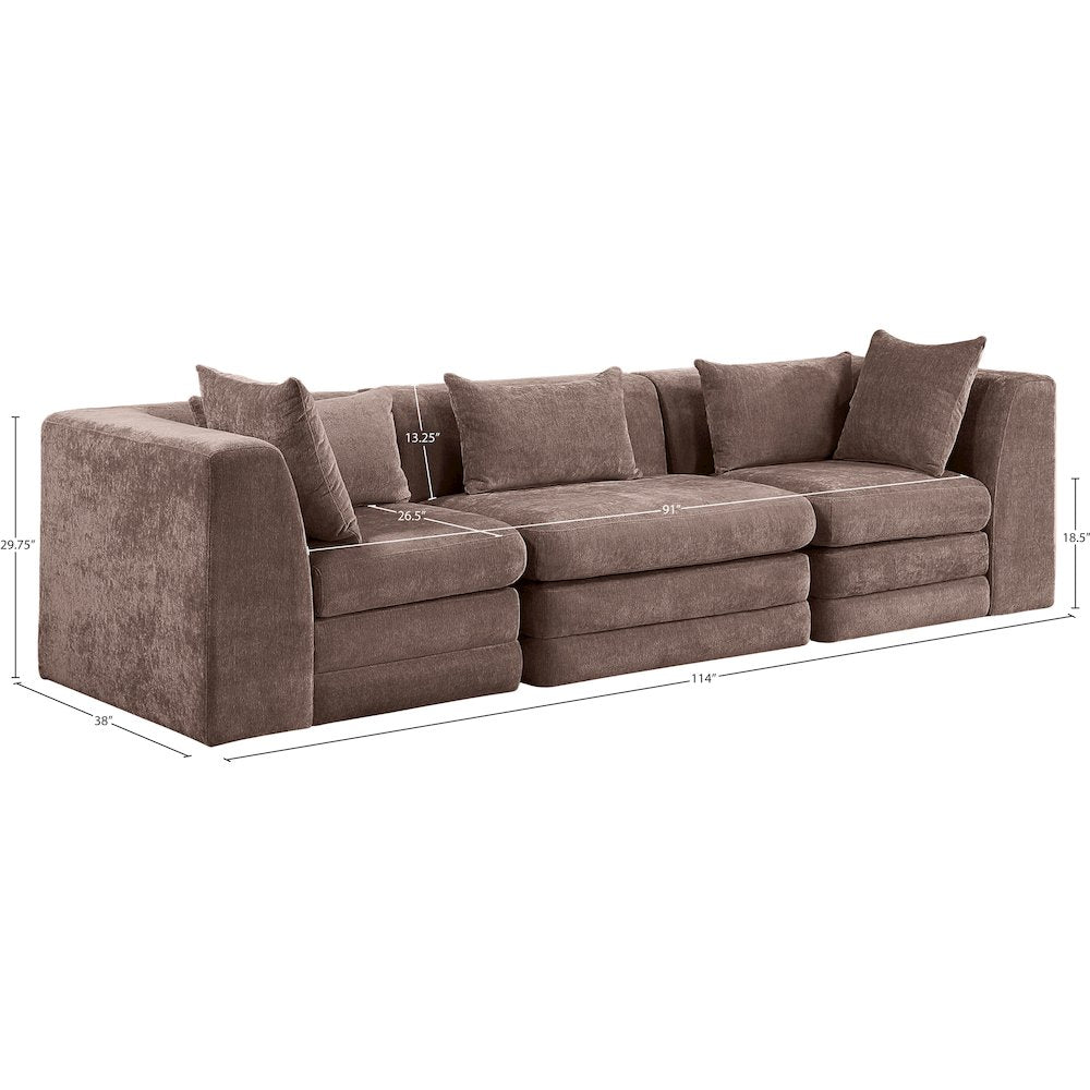 Stellar 114" Brown Chenille Fabric Upholstered 3pc. Modular Sofa