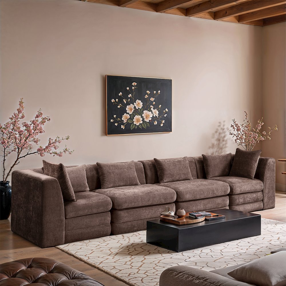 Stellar 152" Brown Chenille Fabric Upholstered 4pc. Modular Sofa