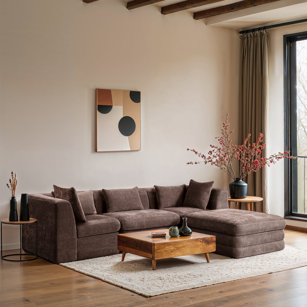Stellar 114" Brown Chenille Fabric Upholstered 4Pc. Modular Sectional