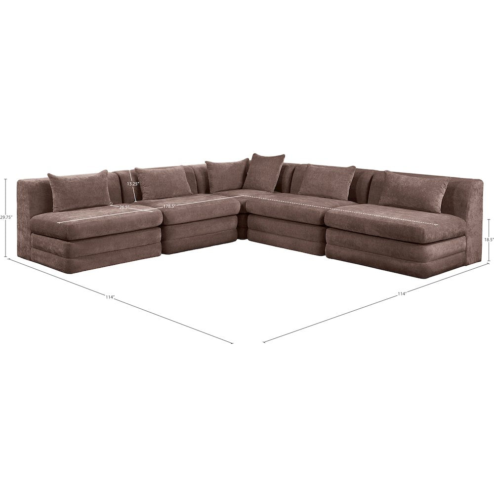 Stellar 114" Brown Chenille Fabric Upholstered 5Pc. Modular Sectional