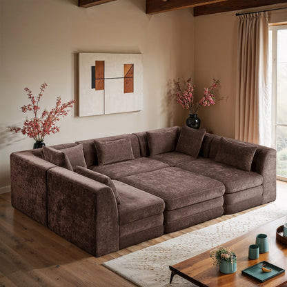 Stellar 114" Brown Chenille Fabric Upholstered 6Pc. Modular Sectional