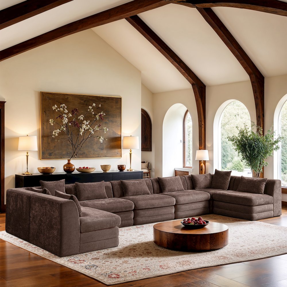 Stellar 190" Brown Chenille Fabric Upholstered 7Pc. Modular Sectional