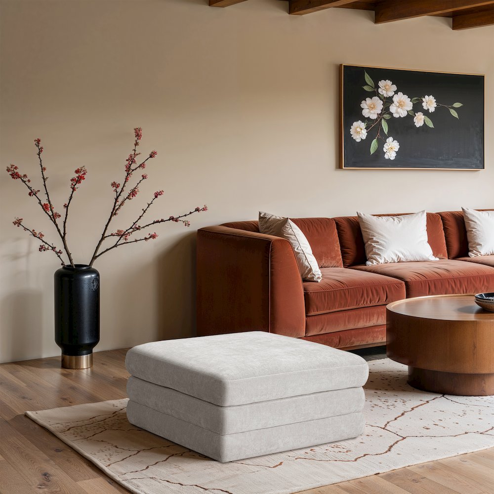 Stellar Cream Chenille Fabric Upholstered Modular Ottoman