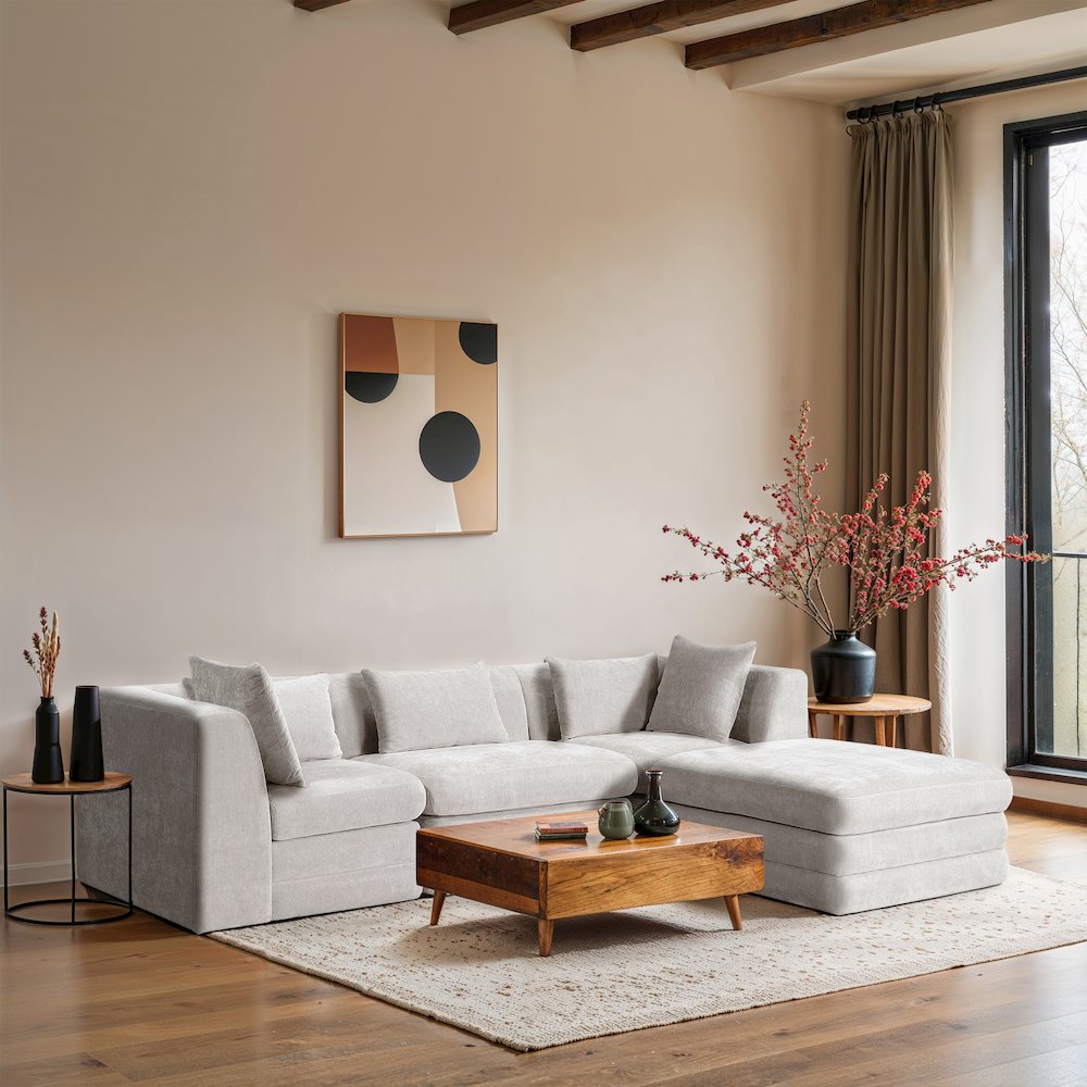 Stellar 114" Cream Chenille Fabric Upholstered 4Pc. Modular Sectional