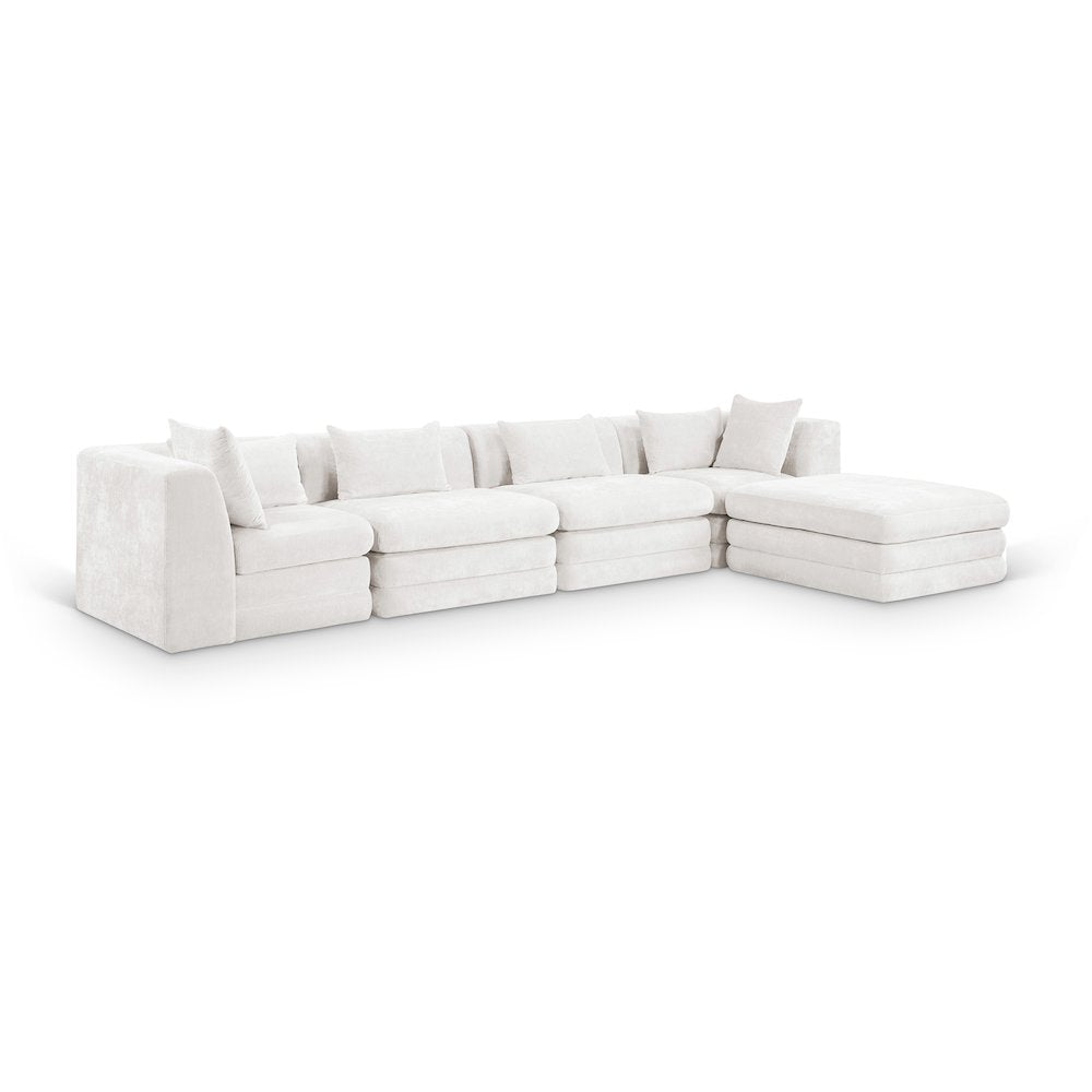 Stellar 152" Cream Chenille Fabric Upholstered 5Pc. Modular Sectional