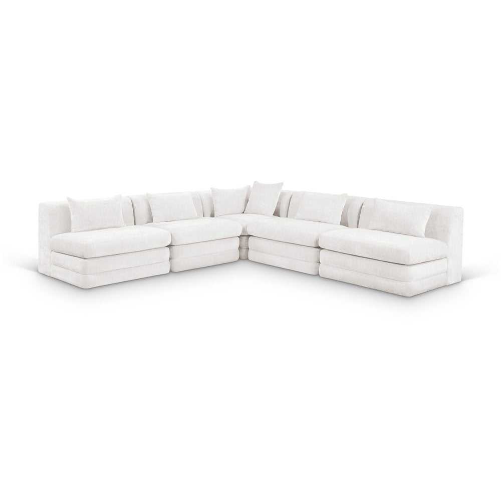 Stellar 114" Cream Chenille Fabric Upholstered 5Pc. Modular Sectional