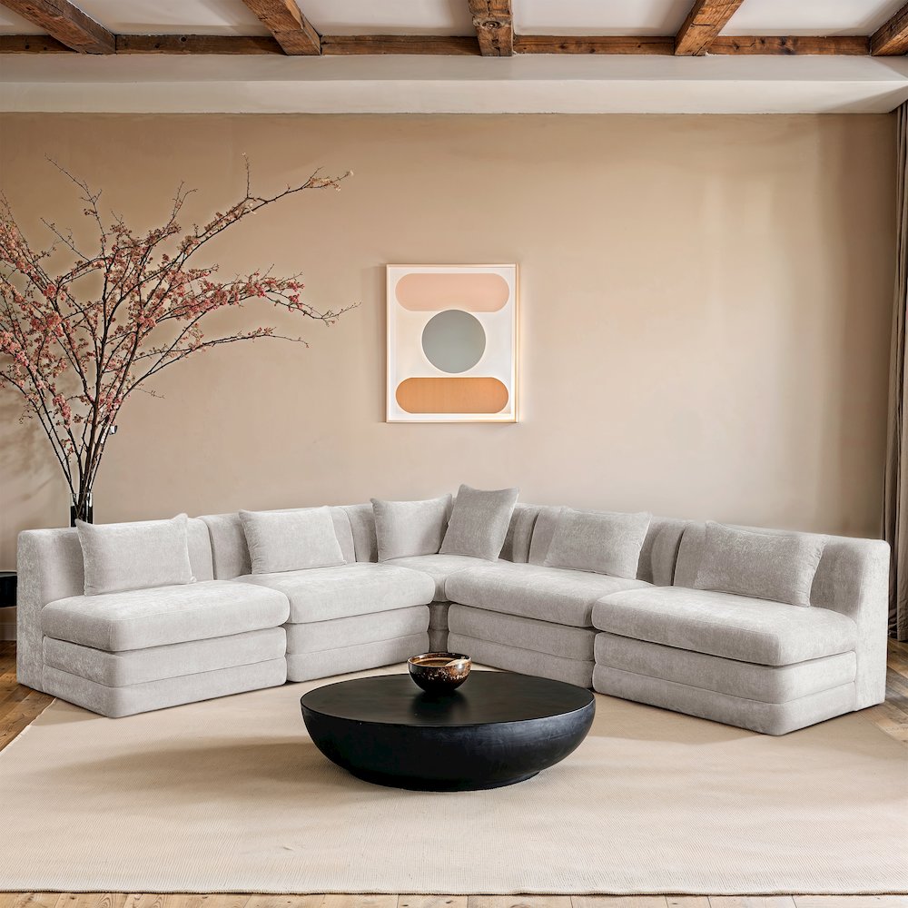 Stellar 114" Cream Chenille Fabric Upholstered 5Pc. Modular Sectional