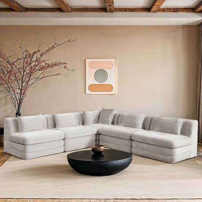 Stellar 114" Cream Chenille Fabric Upholstered 5Pc. Modular Sectional