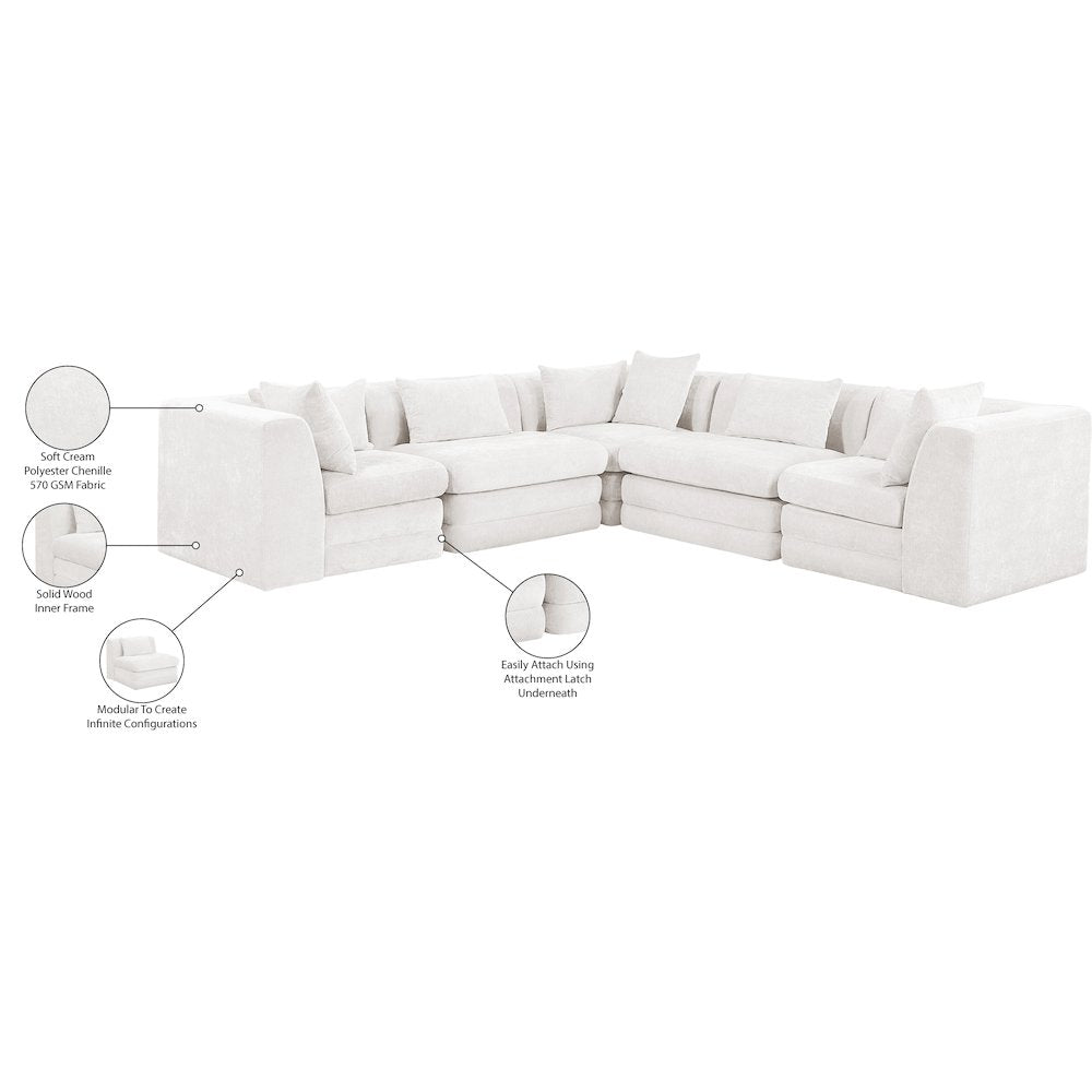 Stellar 114" Cream Chenille Fabric Upholstered 5Pc. Modular Sectional