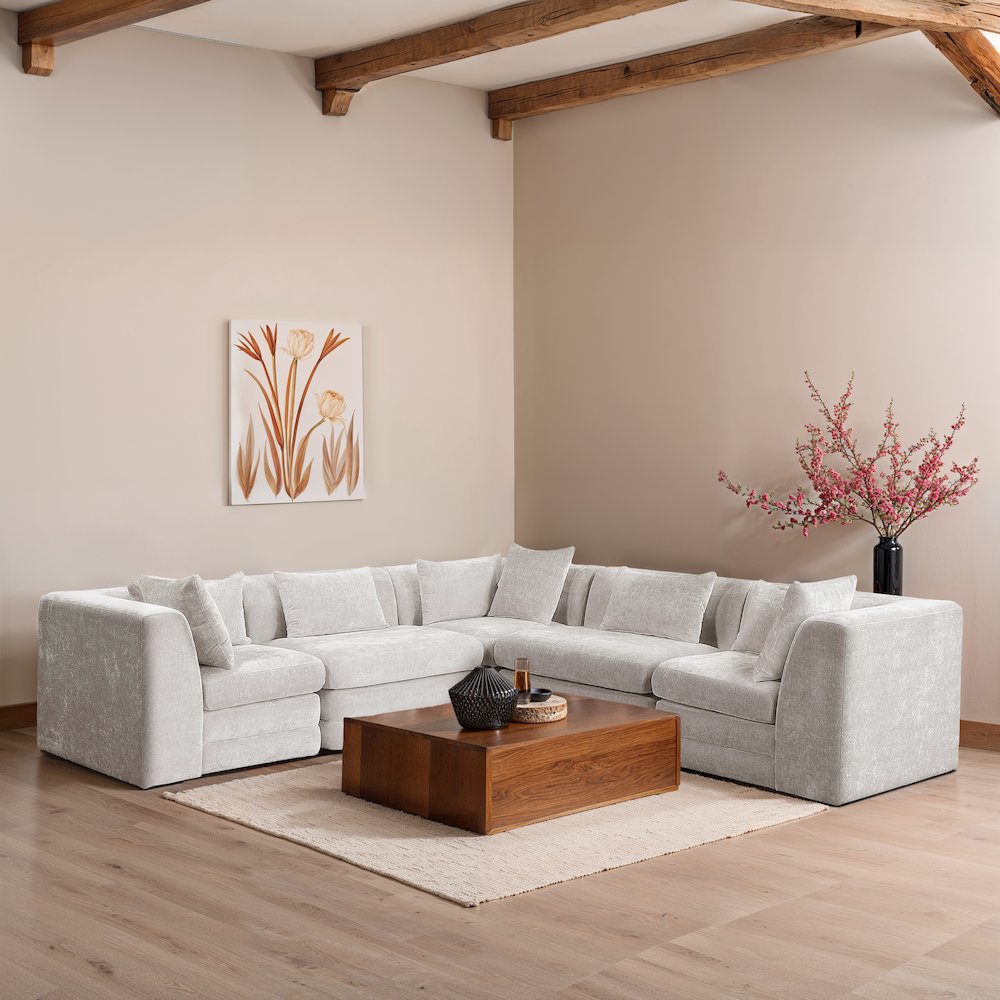 Stellar 114" Cream Chenille Fabric Upholstered 5Pc. Modular Sectional