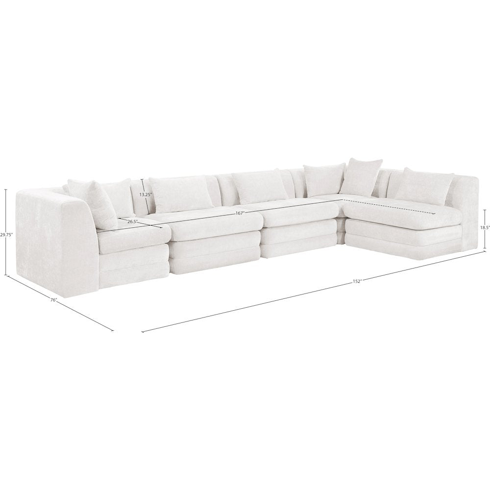 Stellar 152" Cream Chenille Fabric Upholstered 5Pc. Modular Sectional