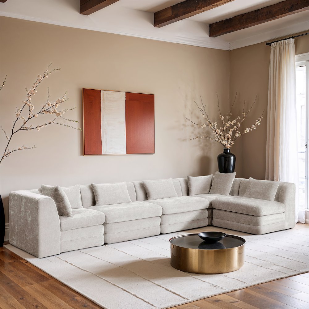 Stellar 152" Cream Chenille Fabric Upholstered 5Pc. Modular Sectional