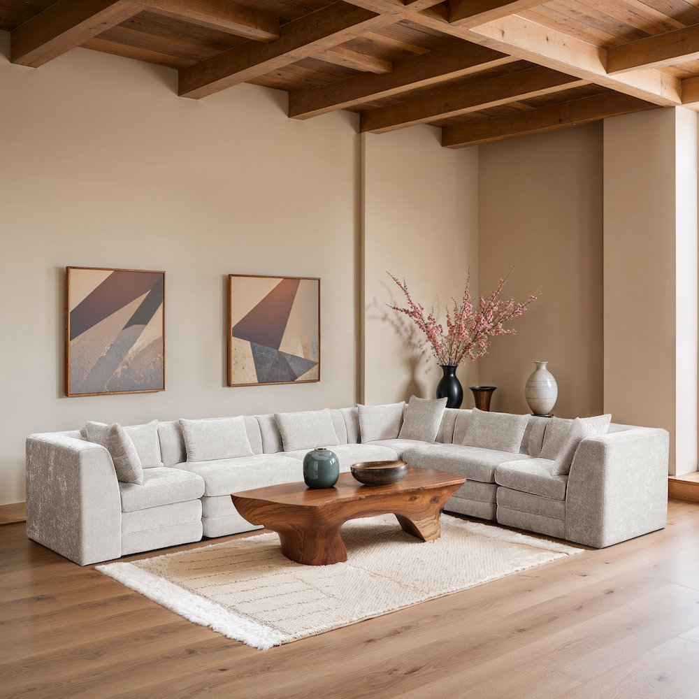 Stellar 152" Cream Chenille Fabric Upholstered 6Pc. Modular Sectional