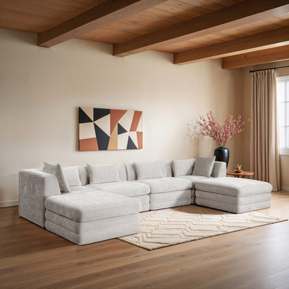 Stellar 152" Cream Chenille Fabric Upholstered 6Pc. Modular Sectional