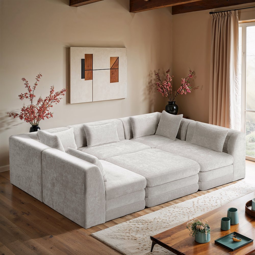 Stellar 114" Cream Chenille Fabric Upholstered 6Pc. Modular Sectional