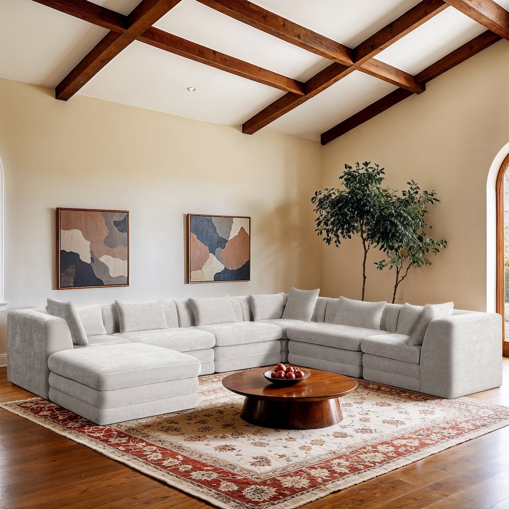 Stellar 152" Cream Chenille Fabric Upholstered 7Pc. Modular Sectional