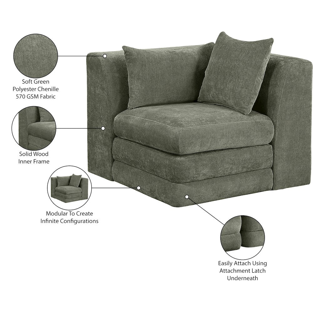 Stellar Green Chenille Fabric Upholstered Modular Corner Chair