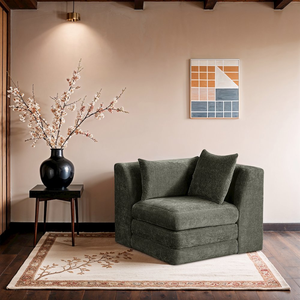 Stellar Green Chenille Fabric Upholstered Modular Corner Chair