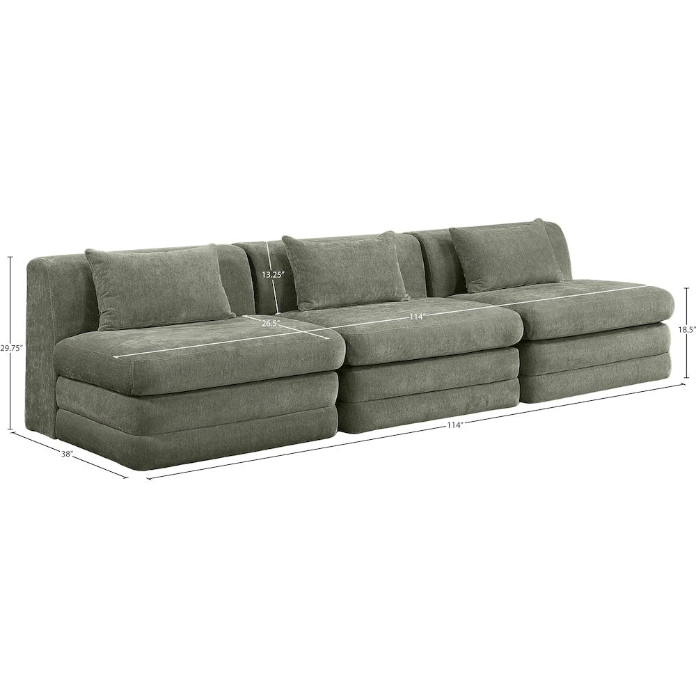 Stellar 114" Green Chenille Fabric Upholstered 3pc. Modular Sofa