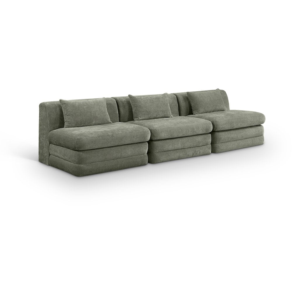 Stellar 114" Green Chenille Fabric Upholstered 3pc. Modular Sofa