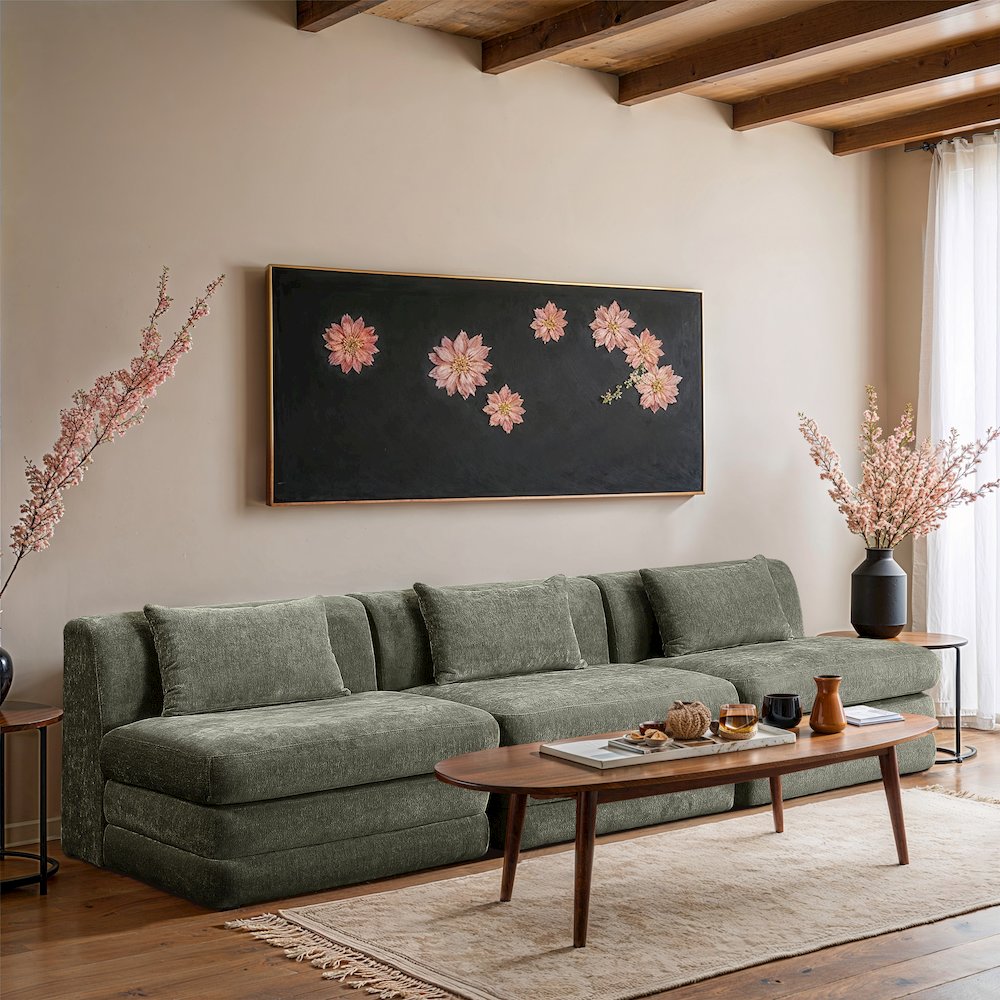 Stellar 114" Green Chenille Fabric Upholstered 3pc. Modular Sofa
