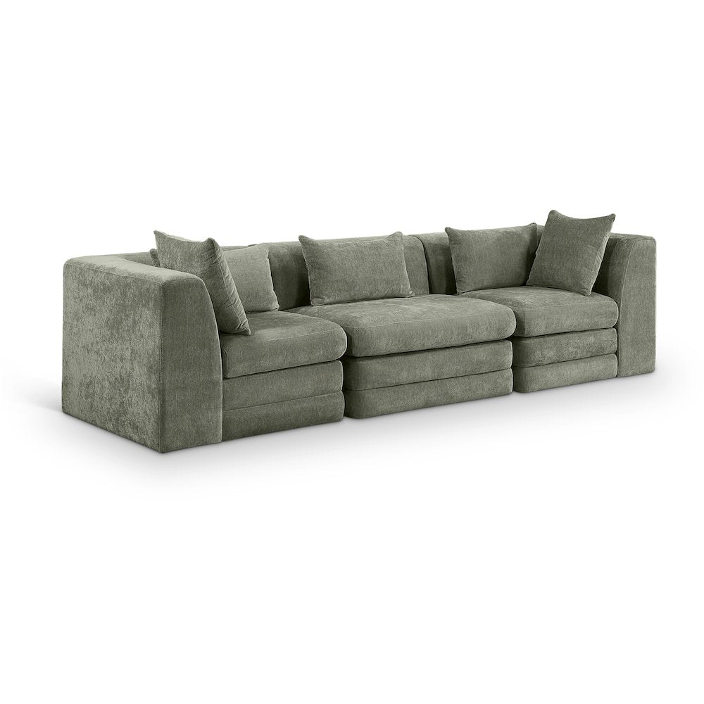 Stellar 114" Green Chenille Fabric Upholstered 3pc. Modular Sofa