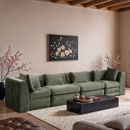 Stellar 152" Green Chenille Fabric Upholstered 4pc. Modular Sofa