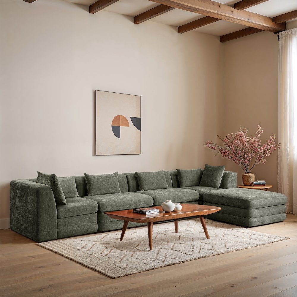 Stellar 152" Green Chenille Fabric Upholstered 5Pc. Modular Sectional
