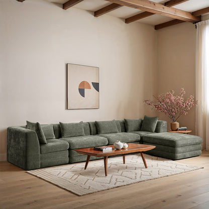 Stellar 152" Green Chenille Fabric Upholstered 5Pc. Modular Sectional