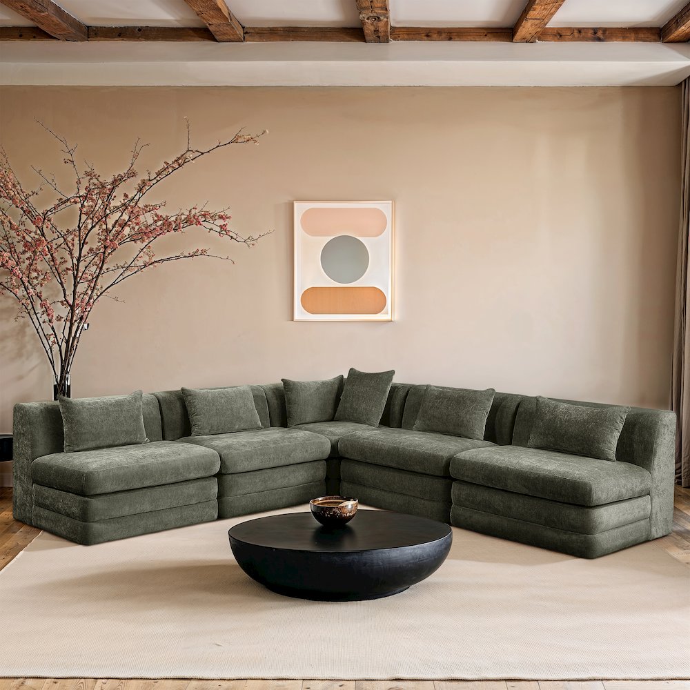 Stellar 114" Green Chenille Fabric Upholstered 5Pc. Modular Sectional