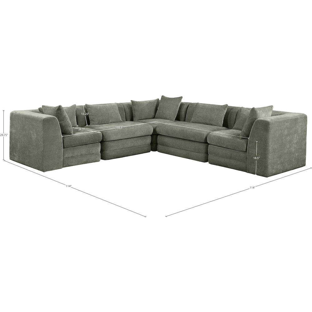 Stellar 114" Green Chenille Fabric Upholstered 5Pc. Modular Sectional