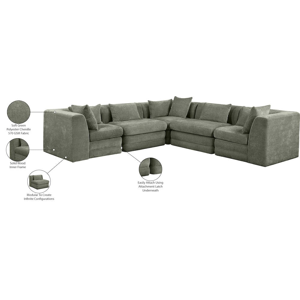 Stellar 114" Green Chenille Fabric Upholstered 5Pc. Modular Sectional