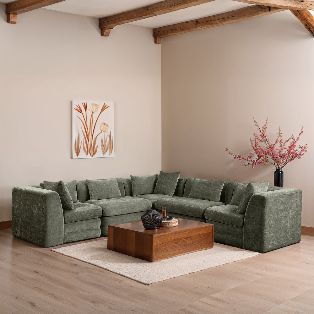 Stellar 114" Green Chenille Fabric Upholstered 5Pc. Modular Sectional